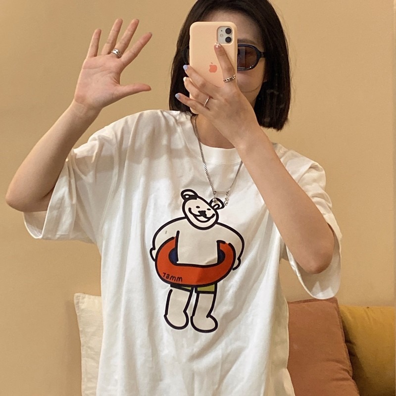 【三番雜貨屋】夏日的游泳圈熊熊 純棉T恤 美式上衣短袖 休閒風 原宿慵懶風 日系少女感-細節圖2
