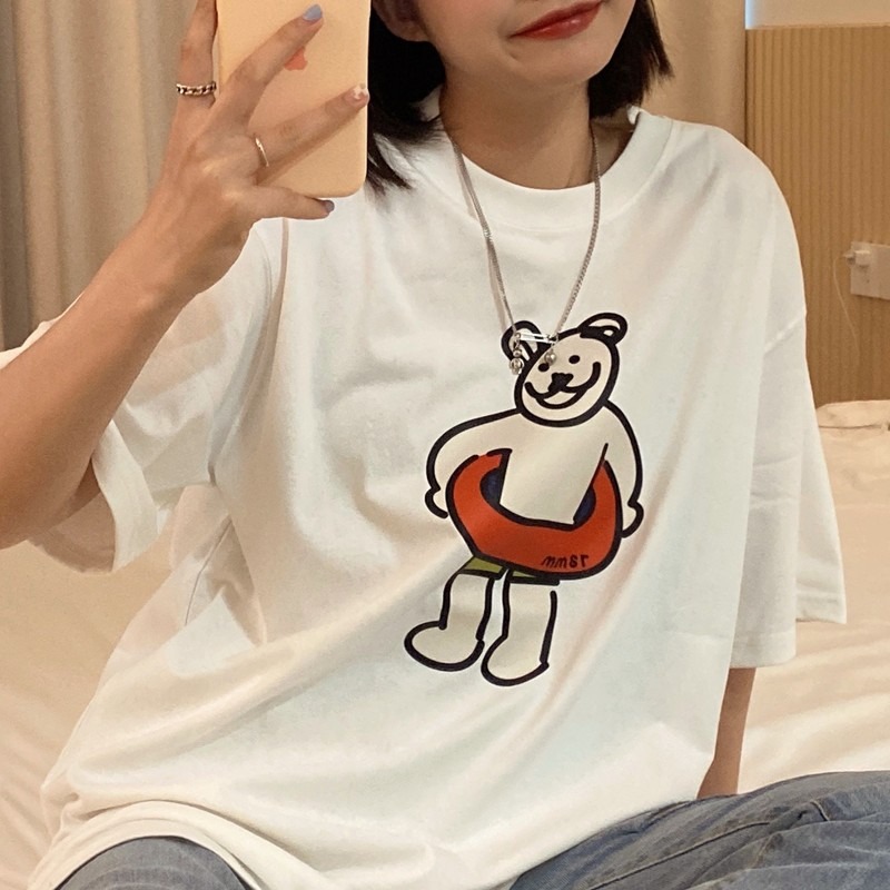 【三番雜貨屋】夏日的游泳圈熊熊 純棉T恤 美式上衣短袖 休閒風 原宿慵懶風 日系少女感-細節圖3