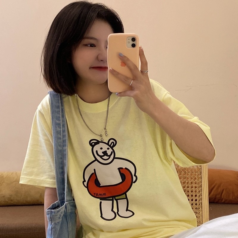 【三番雜貨屋】夏日的游泳圈熊熊 純棉T恤 美式上衣短袖 休閒風 原宿慵懶風 日系少女感-細節圖4