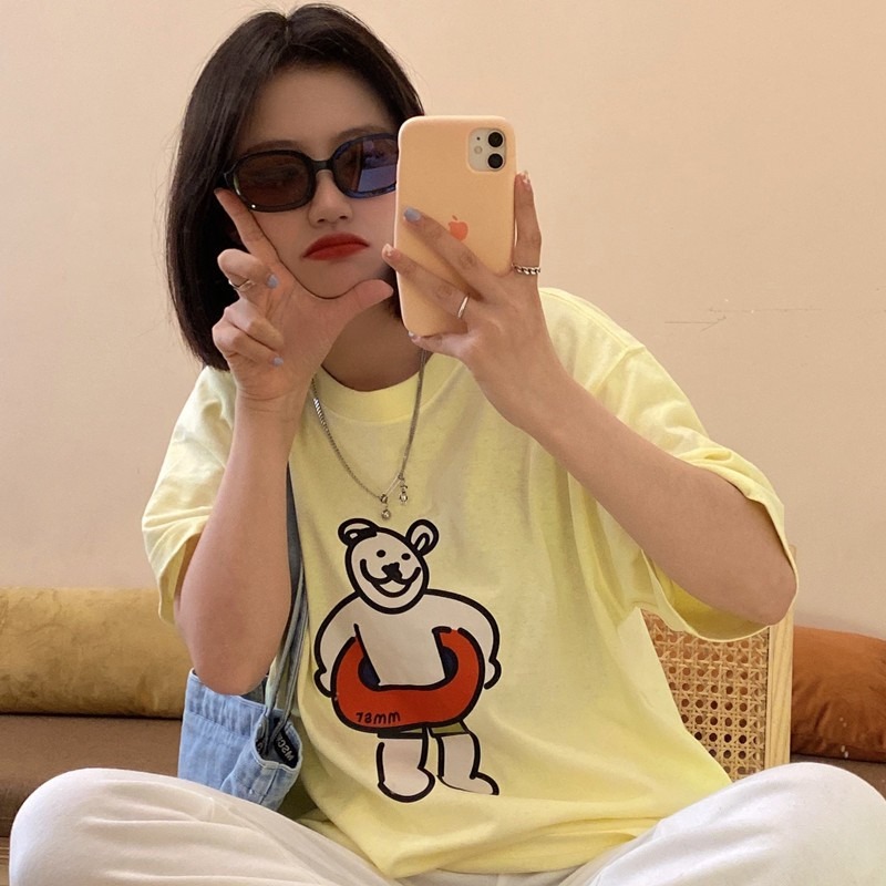 【三番雜貨屋】夏日的游泳圈熊熊 純棉T恤 美式上衣短袖 休閒風 原宿慵懶風 日系少女感-細節圖5