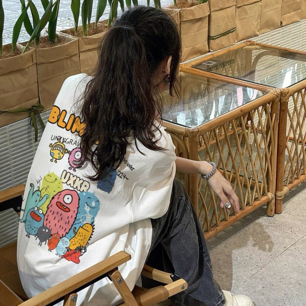 【三番雜貨屋】比利小怪獸  純棉上衣 短袖 寬鬆美式復古 原宿慵懶風 日系少女感-細節圖2