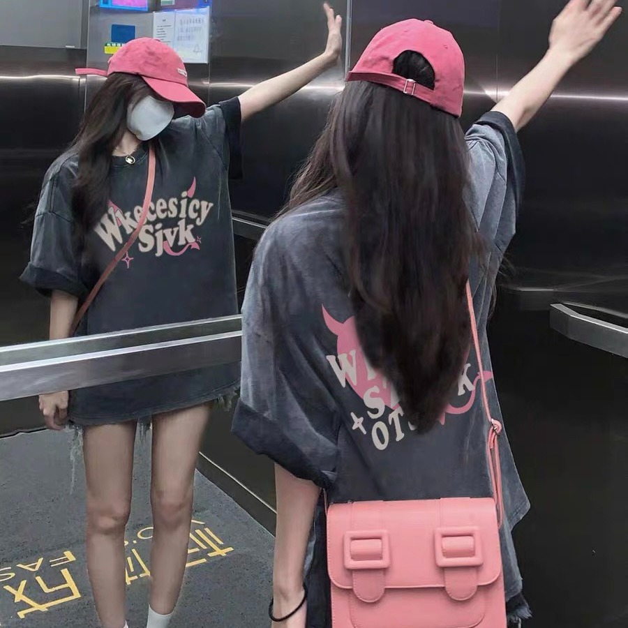 【三番雜貨屋】愛的小惡魔 復古水洗 純棉上衣 短袖 寬鬆美式復古 原宿慵懶風 日系少女感-細節圖3