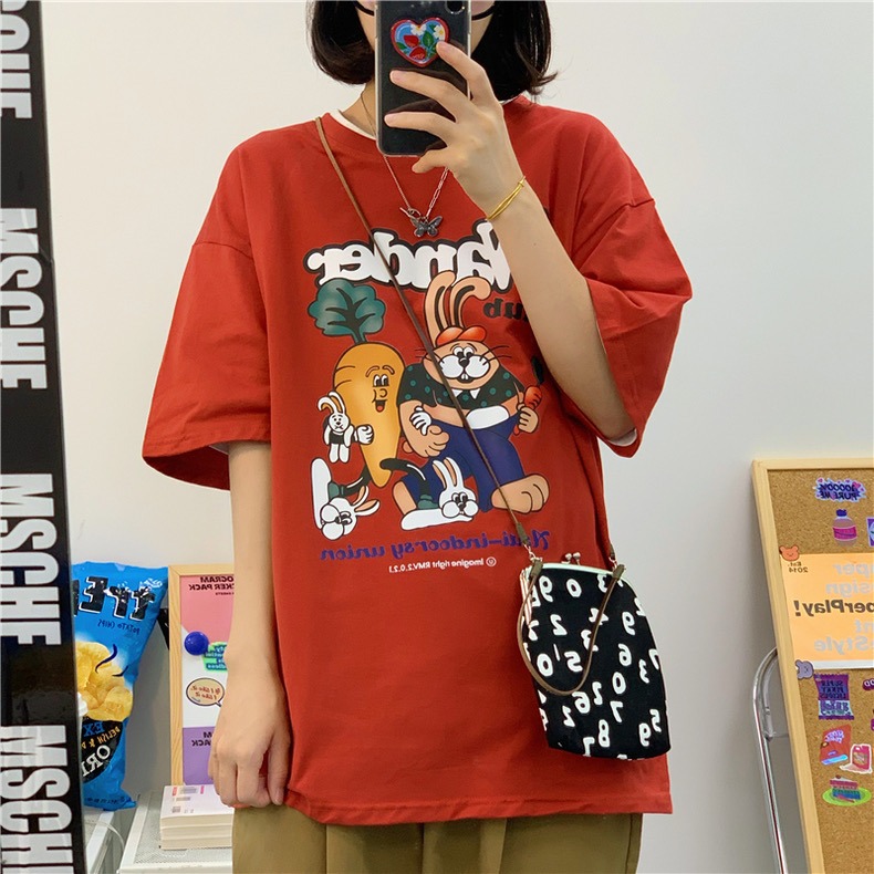 【三番雜貨屋】胡蘿蔔最愛吃兔兔  純棉上衣 短袖 寬鬆美式復古 原宿慵懶風 日系少女感-細節圖2