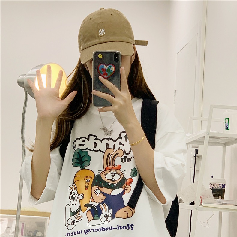 【三番雜貨屋】胡蘿蔔最愛吃兔兔  純棉上衣 短袖 寬鬆美式復古 原宿慵懶風 日系少女感-細節圖4