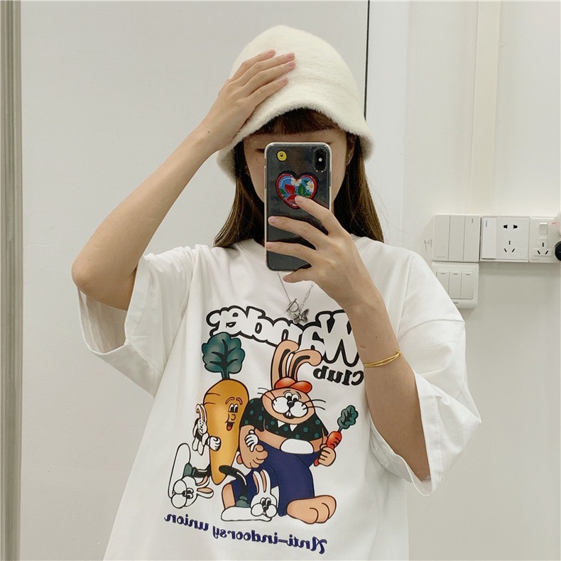 【三番雜貨屋】胡蘿蔔最愛吃兔兔  純棉上衣 短袖 寬鬆美式復古 原宿慵懶風 日系少女感-細節圖5
