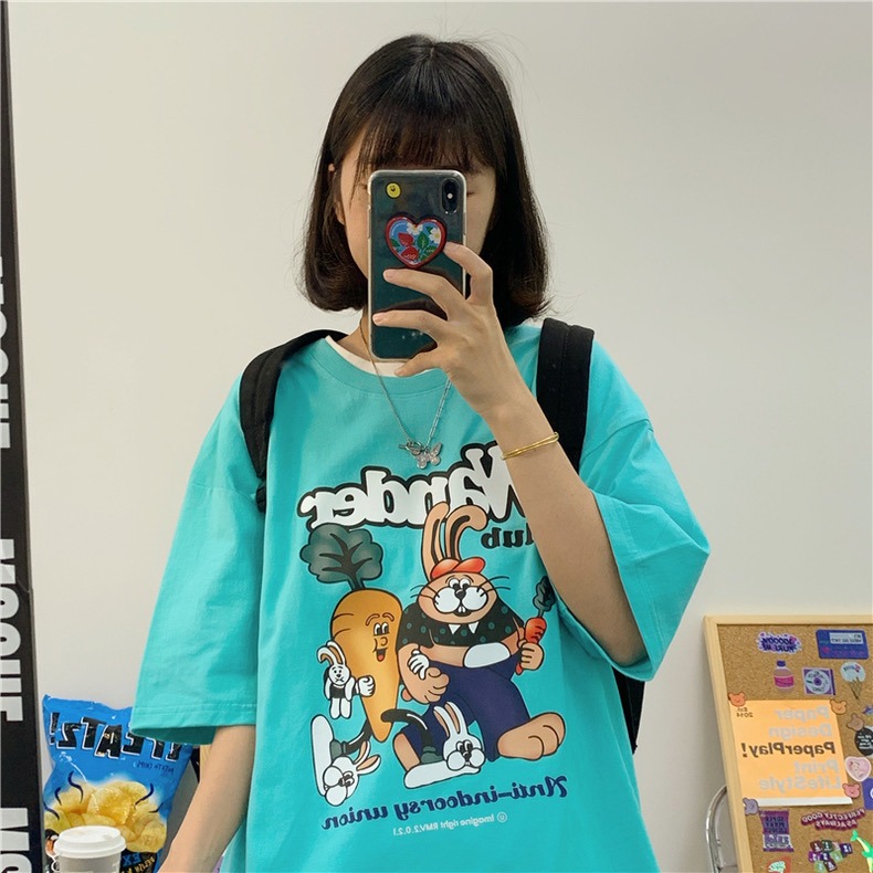 【三番雜貨屋】胡蘿蔔最愛吃兔兔  純棉上衣 短袖 寬鬆美式復古 原宿慵懶風 日系少女感-細節圖6