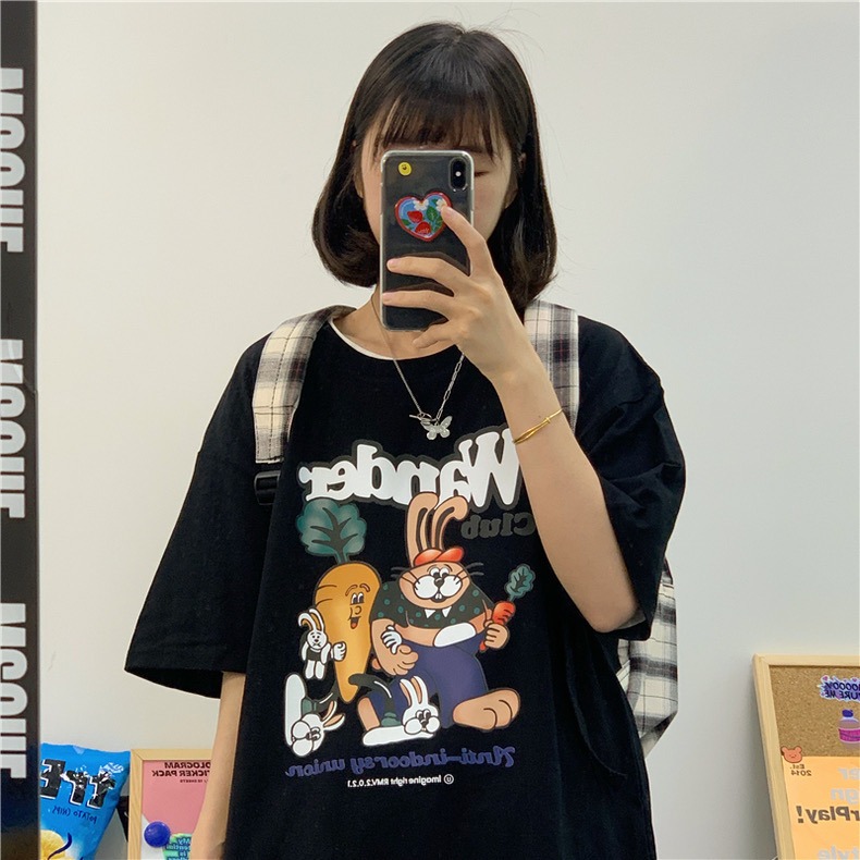 【三番雜貨屋】胡蘿蔔最愛吃兔兔  純棉上衣 短袖 寬鬆美式復古 原宿慵懶風 日系少女感-細節圖9