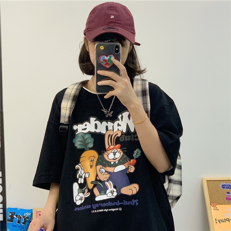 【三番雜貨屋】胡蘿蔔最愛吃兔兔  純棉上衣 短袖 寬鬆美式復古 原宿慵懶風 日系少女感-細節圖10
