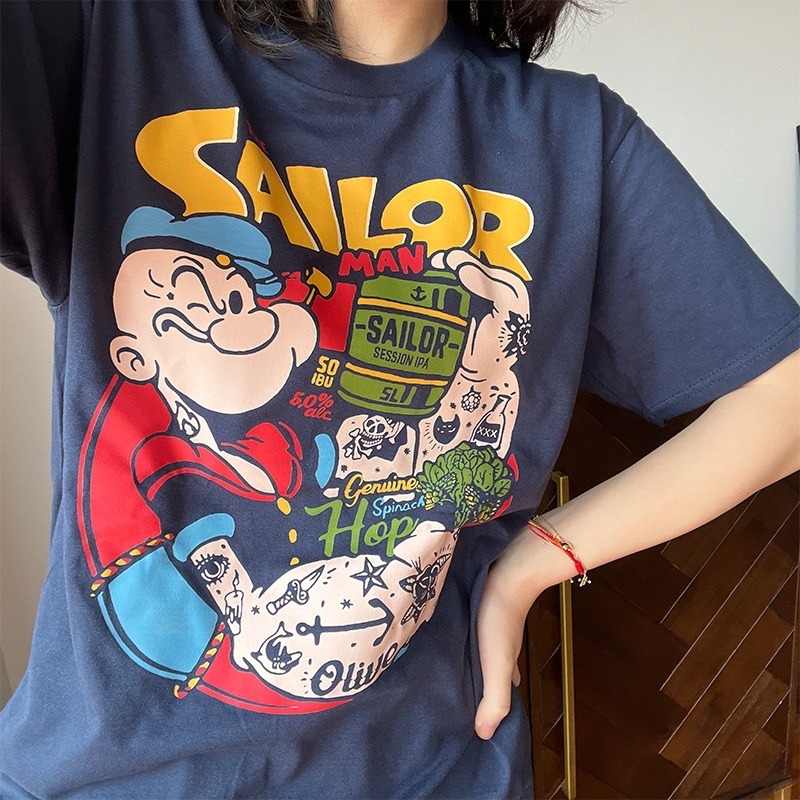 【三番雜貨屋】滿版大力水手 哺哺～  純棉上衣 短袖 寬鬆美式復古 原宿慵懶風 日系少女感-細節圖2