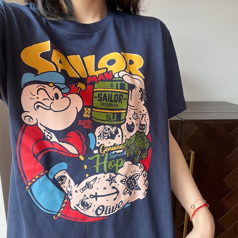 【三番雜貨屋】滿版大力水手 哺哺～  純棉上衣 短袖 寬鬆美式復古 原宿慵懶風 日系少女感-細節圖3