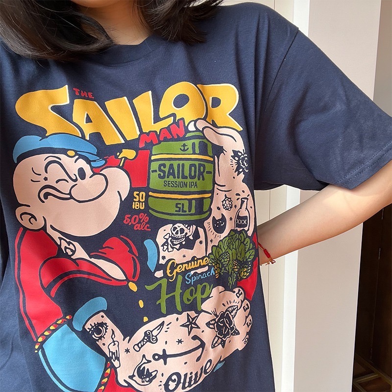 【三番雜貨屋】滿版大力水手 哺哺～  純棉上衣 短袖 寬鬆美式復古 原宿慵懶風 日系少女感-細節圖4