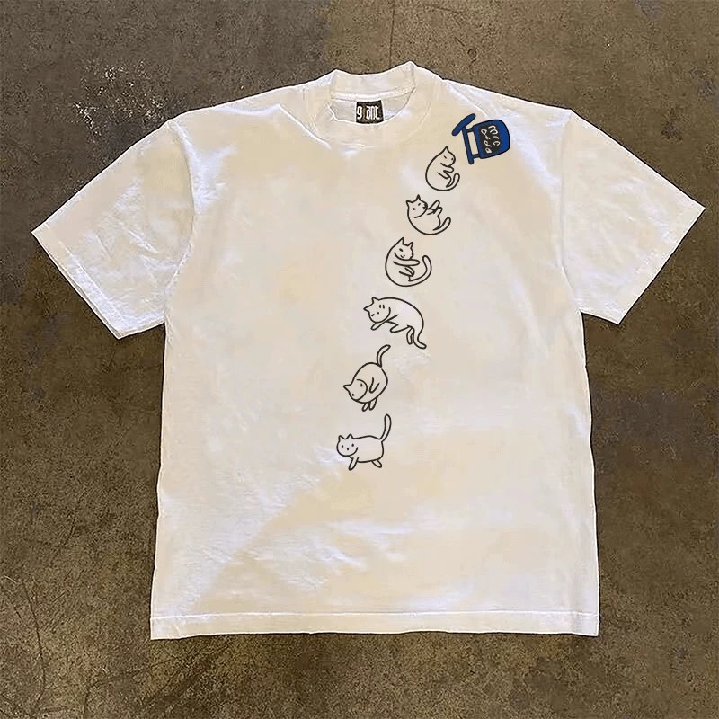 【三番雜貨屋】咚！咚！咚！喵～  純棉上衣 短袖 寬鬆美式復古 原宿慵懶風 日系少女感-細節圖2