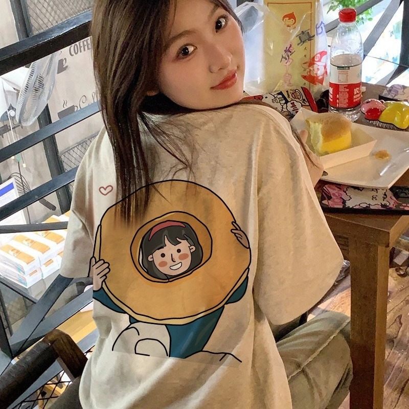 【三番雜貨屋】插畫風甜甜圈少女 純棉上衣 短袖 寬鬆美式復古 原宿慵懶風 日系少女感-細節圖2