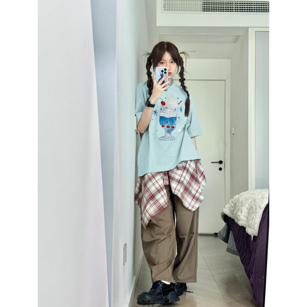 【三番雜貨屋】冰激淋碳酸汽水 純棉上衣 短袖 寬鬆美式復古 原宿慵懶風 日系少女感-細節圖2