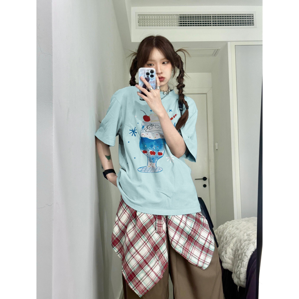 【三番雜貨屋】冰激淋碳酸汽水 純棉上衣 短袖 寬鬆美式復古 原宿慵懶風 日系少女感-細節圖3
