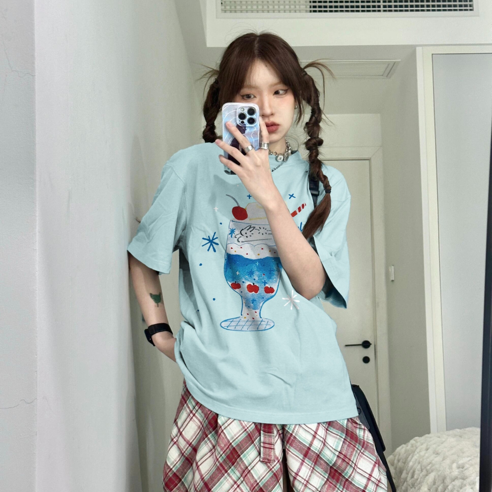 【三番雜貨屋】冰激淋碳酸汽水 純棉上衣 短袖 寬鬆美式復古 原宿慵懶風 日系少女感-細節圖4