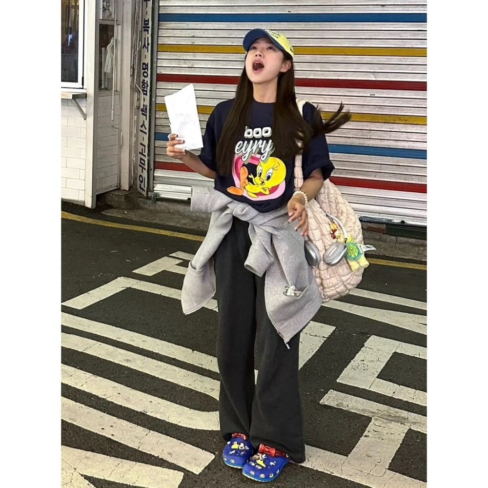 【三番雜貨屋】Welcome Tweety Network 重磅純棉上衣 短袖 寬鬆美式復古 原宿慵懶風 日系少女感-細節圖2