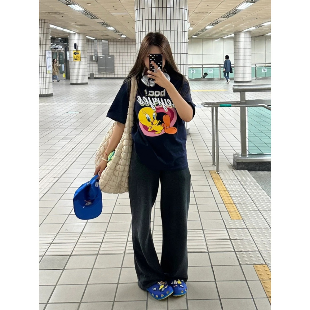 【三番雜貨屋】Welcome Tweety Network 重磅純棉上衣 短袖 寬鬆美式復古 原宿慵懶風 日系少女感-細節圖4