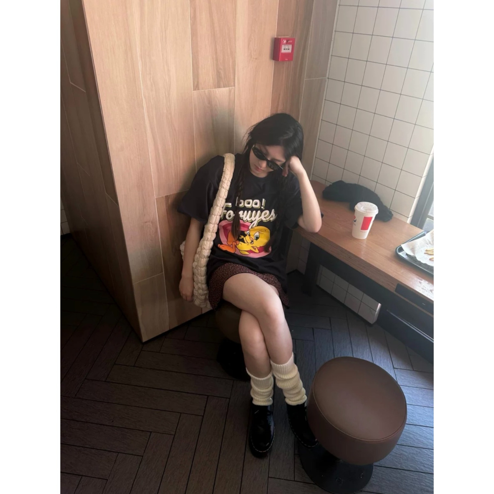 【三番雜貨屋】Welcome Tweety Network 重磅純棉上衣 短袖 寬鬆美式復古 原宿慵懶風 日系少女感-細節圖8