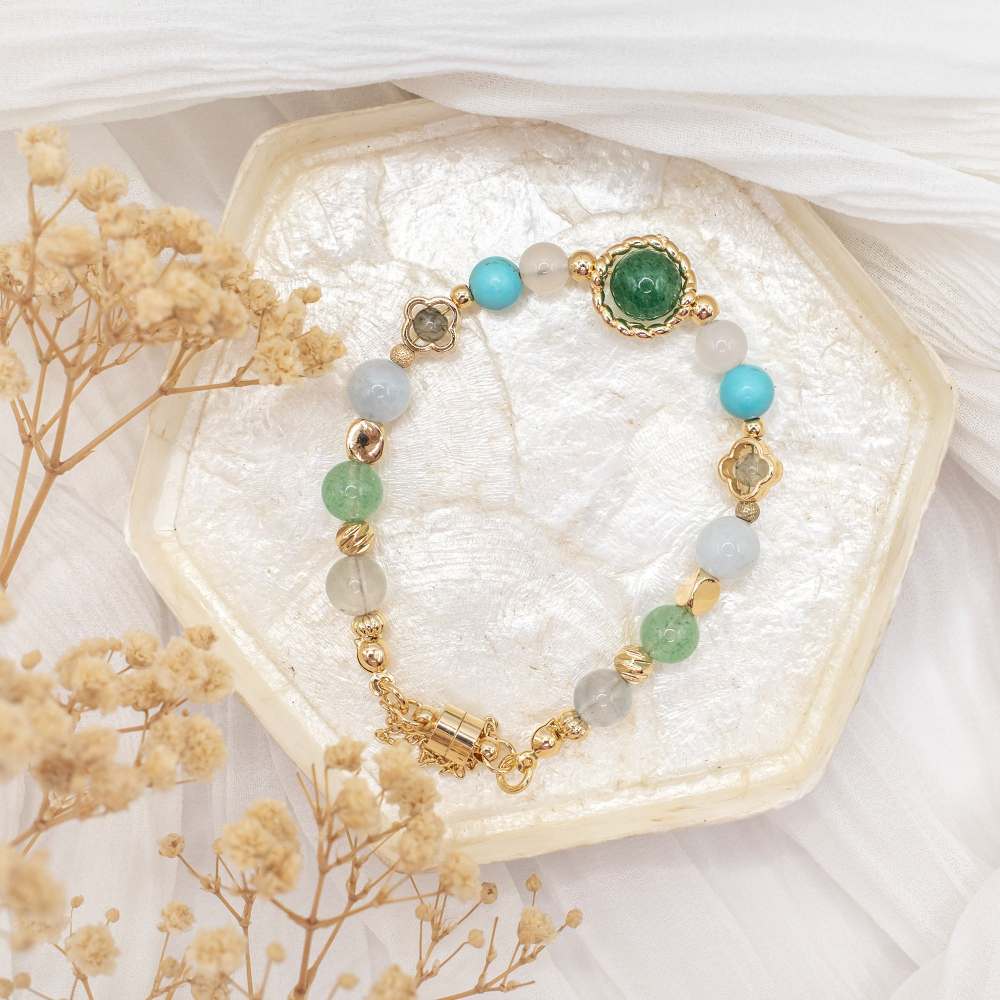 𝓒𝓱𝓾𝓷 // 若芽清香 // 招財聚財人緣事業．綠草莓晶白瑪瑙綠松石綠髮晶海藍寶螢石水晶手鍊-細節圖2