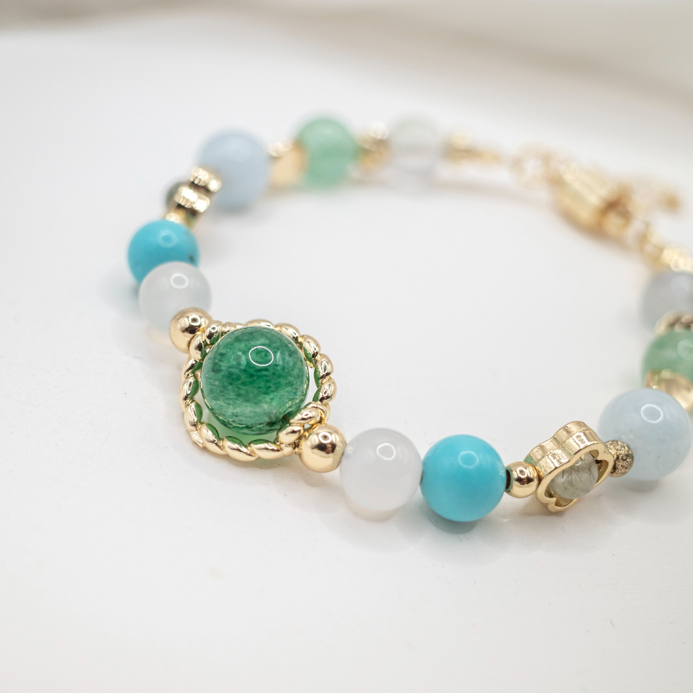 𝓒𝓱𝓾𝓷 // 若芽清香 // 招財聚財人緣事業．綠草莓晶白瑪瑙綠松石綠髮晶海藍寶螢石水晶手鍊-細節圖3