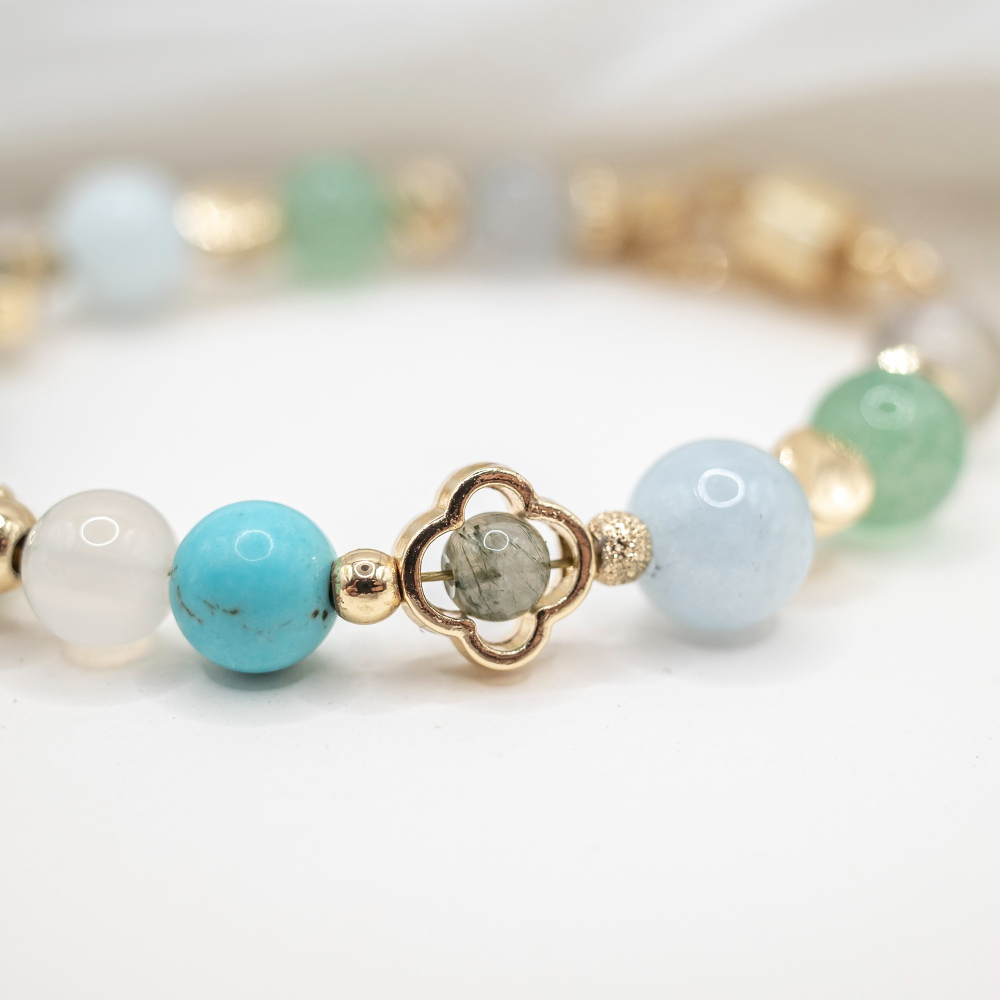 𝓒𝓱𝓾𝓷 // 若芽清香 // 招財聚財人緣事業．綠草莓晶白瑪瑙綠松石綠髮晶海藍寶螢石水晶手鍊-細節圖4
