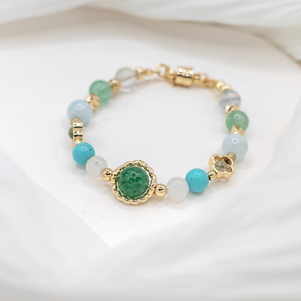 𝓒𝓱𝓾𝓷 // 若芽清香 // 招財聚財人緣事業．綠草莓晶白瑪瑙綠松石綠髮晶海藍寶螢石水晶手鍊-細節圖5
