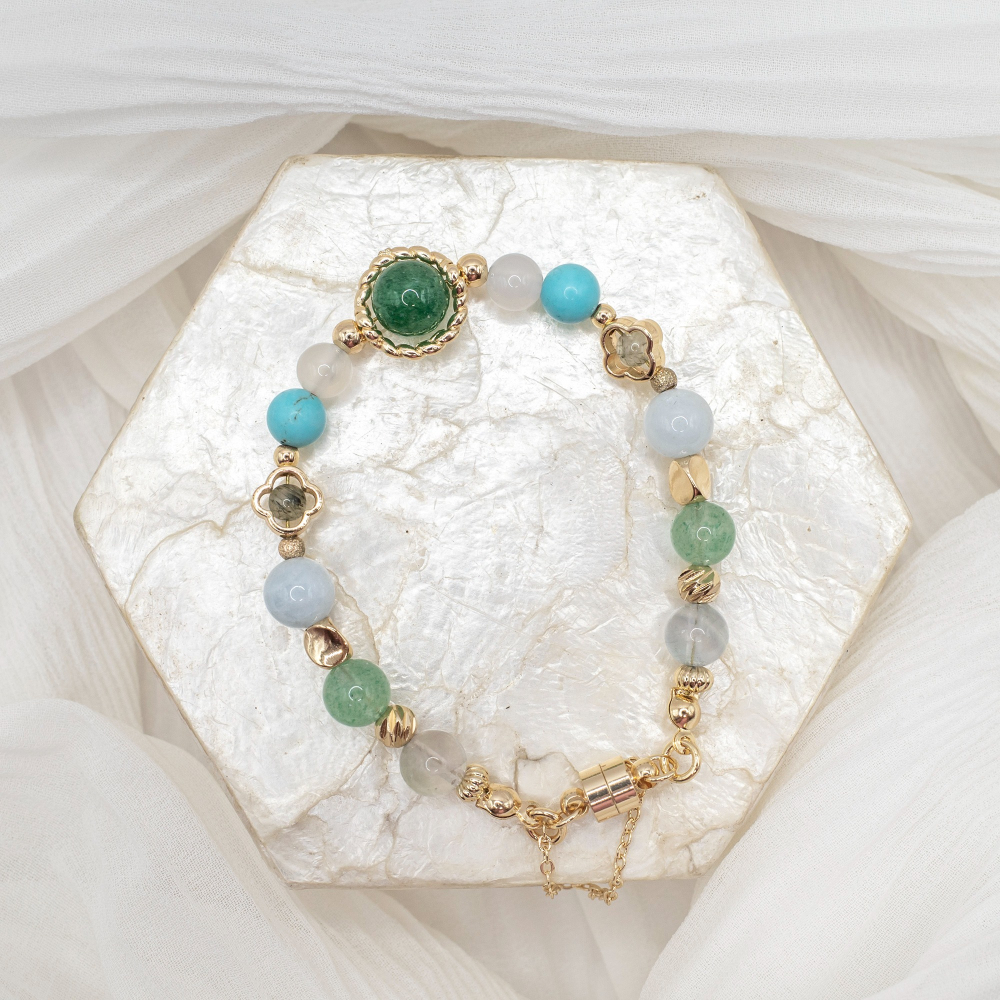 𝓒𝓱𝓾𝓷 // 若芽清香 // 招財聚財人緣事業．綠草莓晶白瑪瑙綠松石綠髮晶海藍寶螢石水晶手鍊-細節圖6