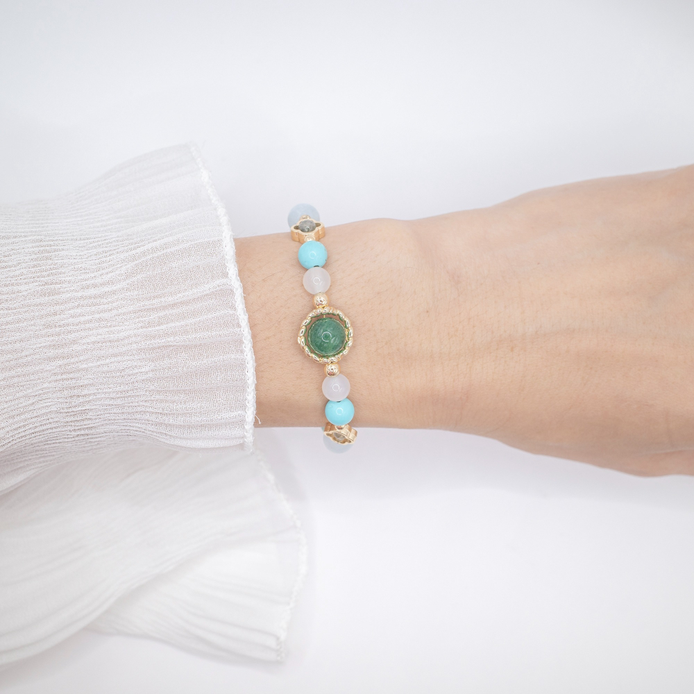 𝓒𝓱𝓾𝓷 // 若芽清香 // 招財聚財人緣事業．綠草莓晶白瑪瑙綠松石綠髮晶海藍寶螢石水晶手鍊-細節圖7
