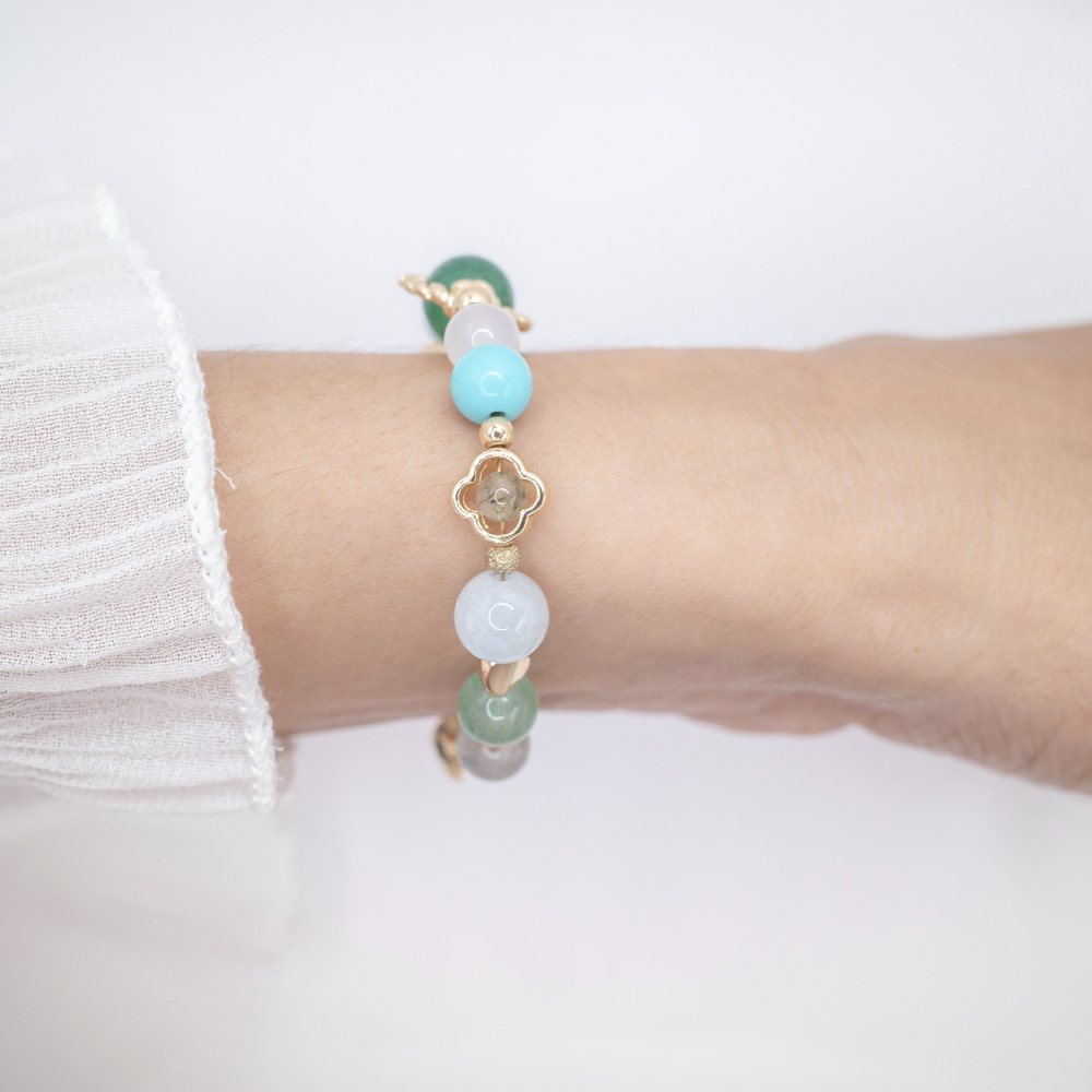 𝓒𝓱𝓾𝓷 // 若芽清香 // 招財聚財人緣事業．綠草莓晶白瑪瑙綠松石綠髮晶海藍寶螢石水晶手鍊-細節圖8