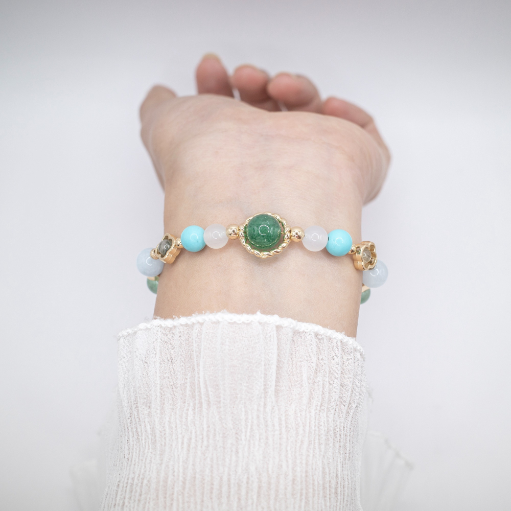 𝓒𝓱𝓾𝓷 // 若芽清香 // 招財聚財人緣事業．綠草莓晶白瑪瑙綠松石綠髮晶海藍寶螢石水晶手鍊-細節圖9