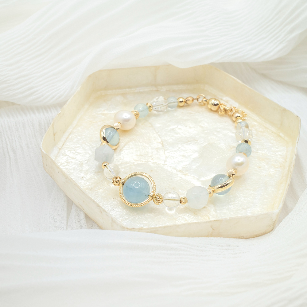 𝓒𝓱𝓾𝓷 // 珍珠美人魚 // 平靜溫柔堅定信念．海藍寶白水晶淡水珍珠水晶手鍊-細節圖2