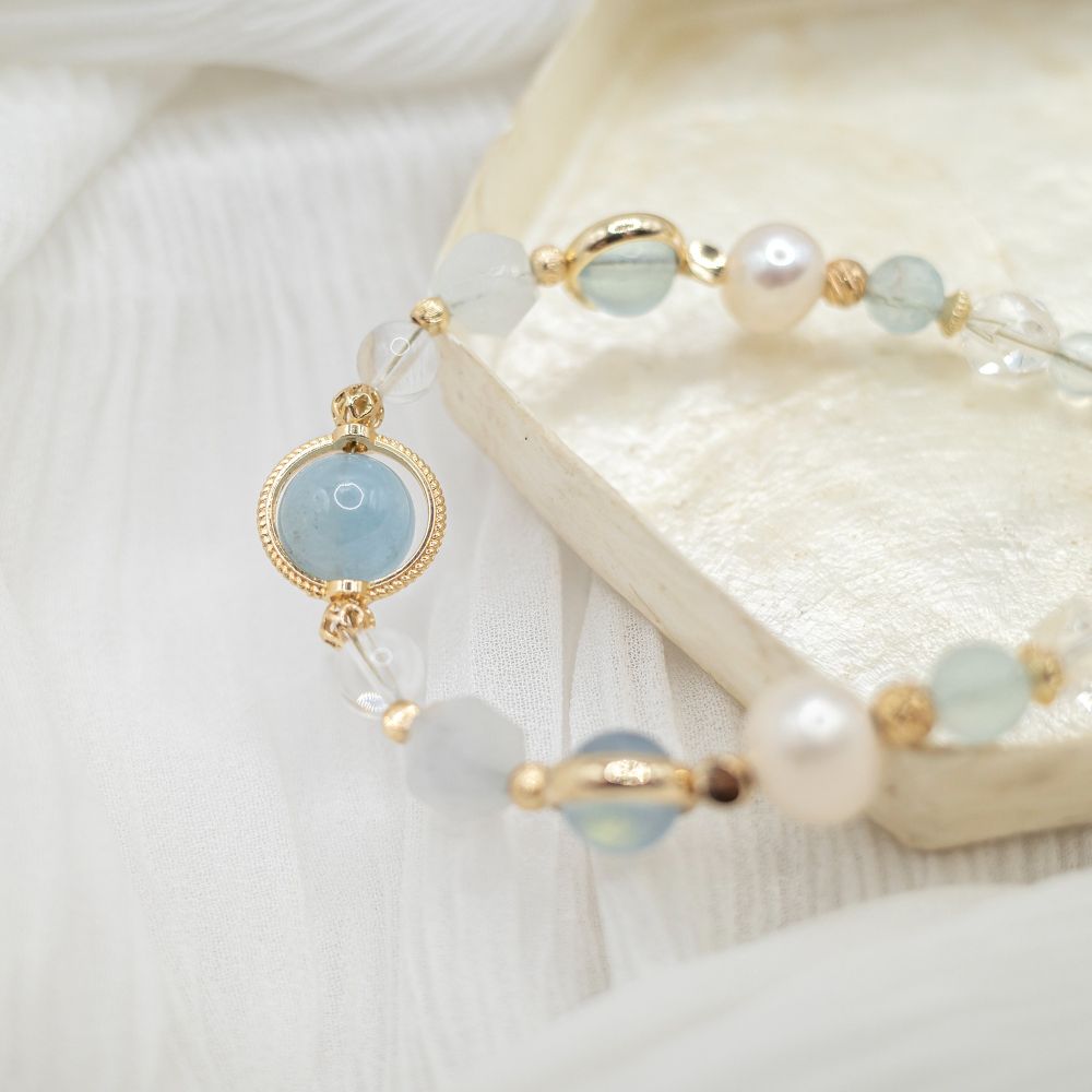 𝓒𝓱𝓾𝓷 // 珍珠美人魚 // 平靜溫柔堅定信念．海藍寶白水晶淡水珍珠水晶手鍊-細節圖3