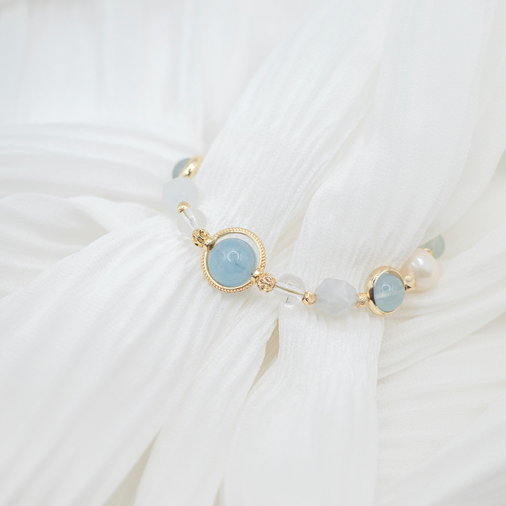 𝓒𝓱𝓾𝓷 // 珍珠美人魚 // 平靜溫柔堅定信念．海藍寶白水晶淡水珍珠水晶手鍊-細節圖4