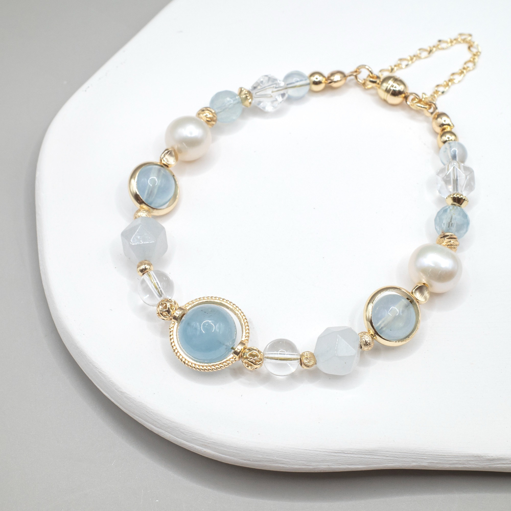 𝓒𝓱𝓾𝓷 // 珍珠美人魚 // 平靜溫柔堅定信念．海藍寶白水晶淡水珍珠水晶手鍊-細節圖8