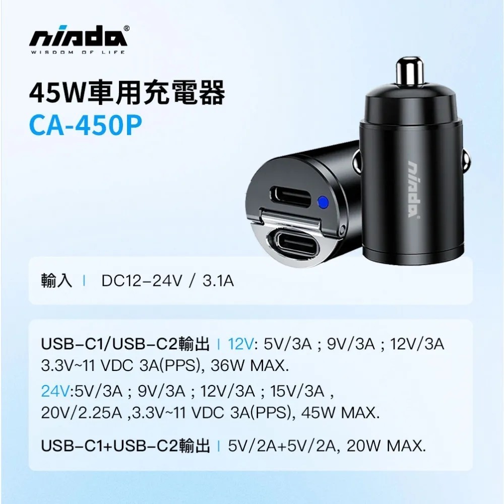【NISDA】超迷你 PD+PD3.0 45W 雙Type-C孔 認證車充頭 CA-450P-細節圖9
