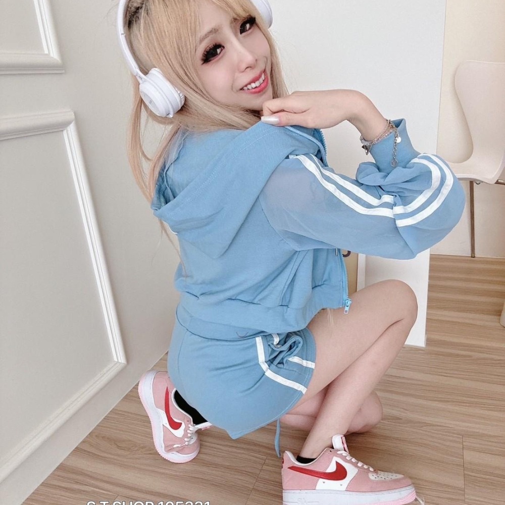 【S.T SHOP現貨】1503雙線運動連帽雪紡袖外+抽繩短褲-細節圖10