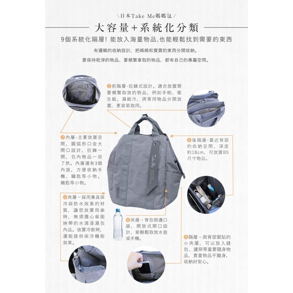 贈寶寶米餅【海莉家】日本 Take Me 媽媽包 大容量 輕量 防潑水 後背包 包包-細節圖4