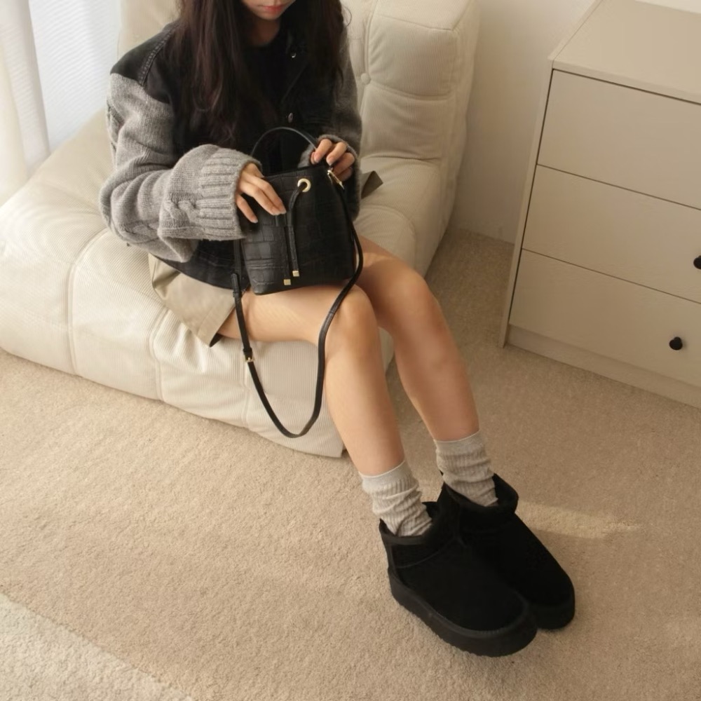 超軟 厚底真皮雪靴 短筒雪靴 蓬鬆軟毛 升級版 高質感 北海道 滑雪 保暖靴 韓國代購-細節圖3