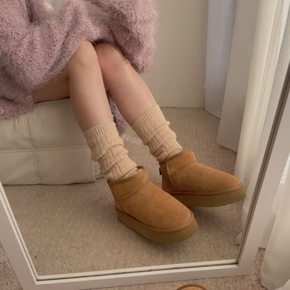 超軟 厚底真皮雪靴 短筒雪靴 蓬鬆軟毛 升級版 高質感 北海道 滑雪 保暖靴 韓國代購-細節圖5