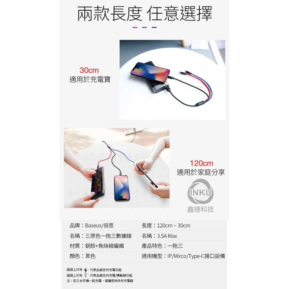 倍思 三原色 一拖三傳輸線 蘋果安卓 TypeC 3.5A 快充魚絲編織-細節圖9