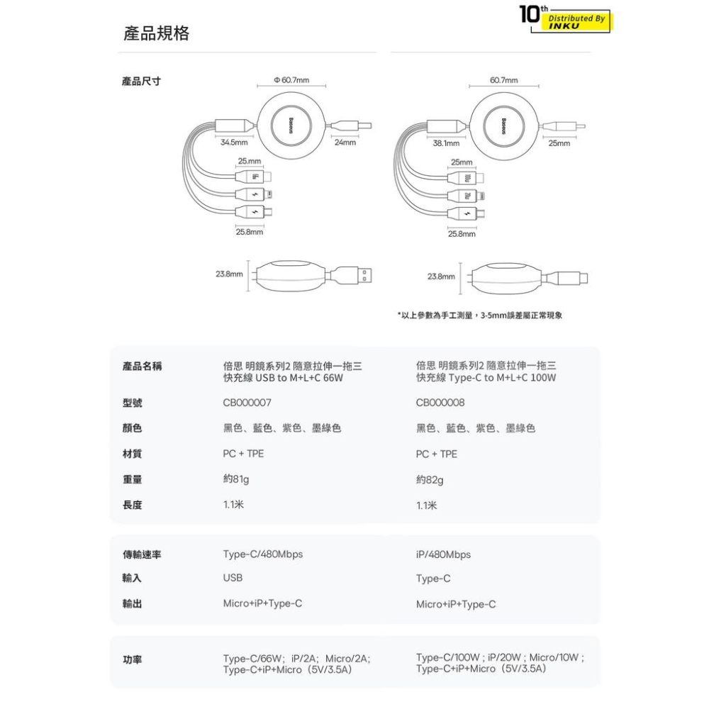 倍思 明鏡2 100W 66W 一拖三隨意拉伸快充線 TypeC USB M L C 傳輸線-細節圖9