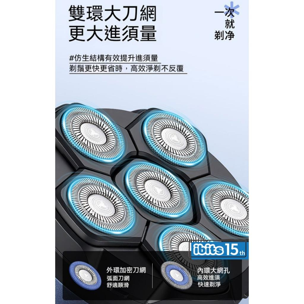 ibits Mericle 六刀頭電動刮鬍刀 可剃光頭 全身水洗 LED數顯 乾濕兩用 Type-C充電 YC808-細節圖4