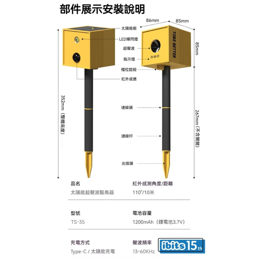 ibits TS35 太陽能超聲波驅鳥器 戶外動物驅趕器 LED強光 貓狗驅逐 紅外線感應 IP56防水 趕鳥神器-細節圖8