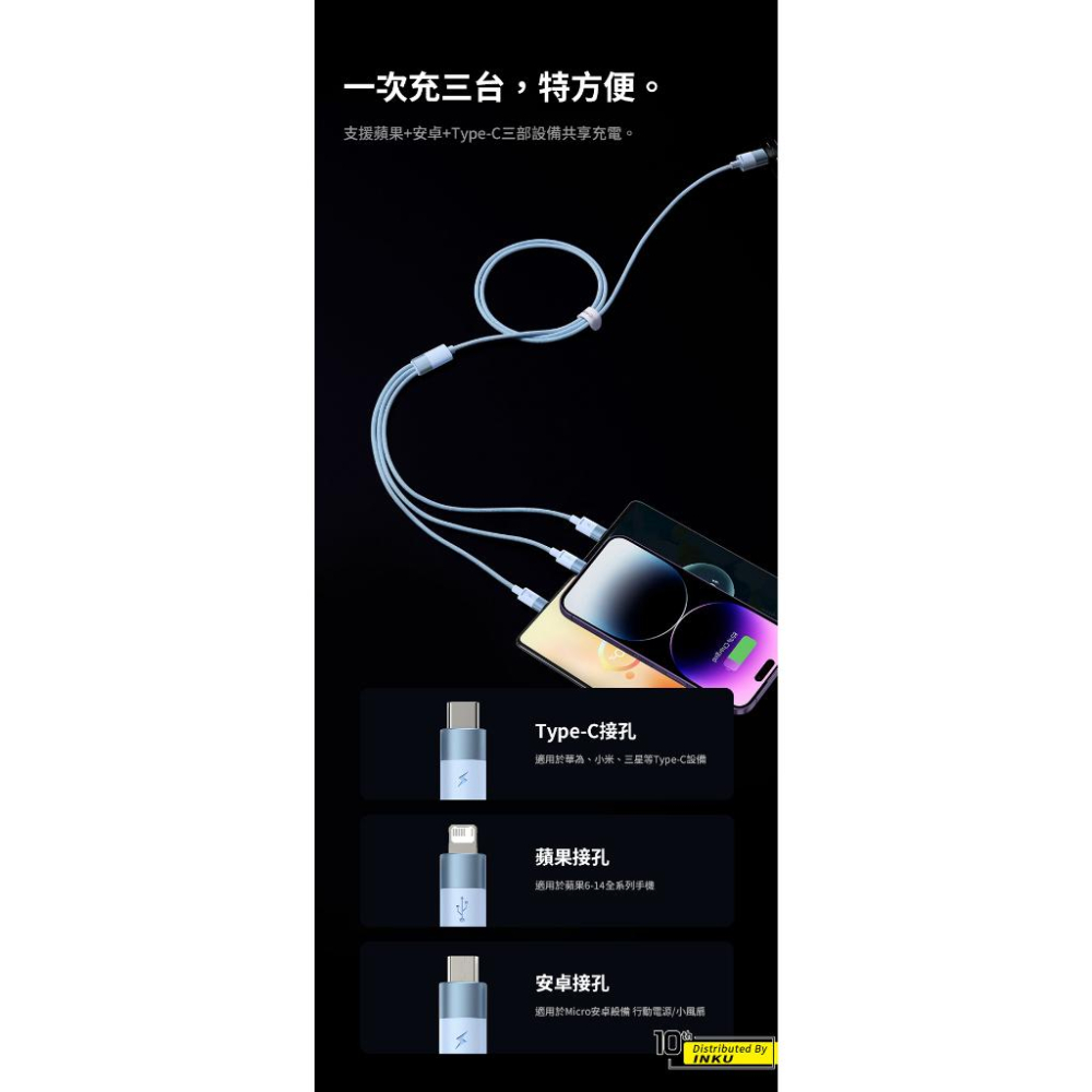 倍思 星速一拖三快充線 Lightning TypeC Micro 多設備通用 0.6M-細節圖4