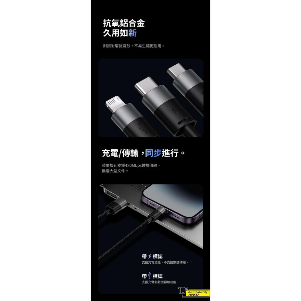 倍思 星速一拖三快充線 Lightning TypeC Micro 多設備通用 0.6M-細節圖8
