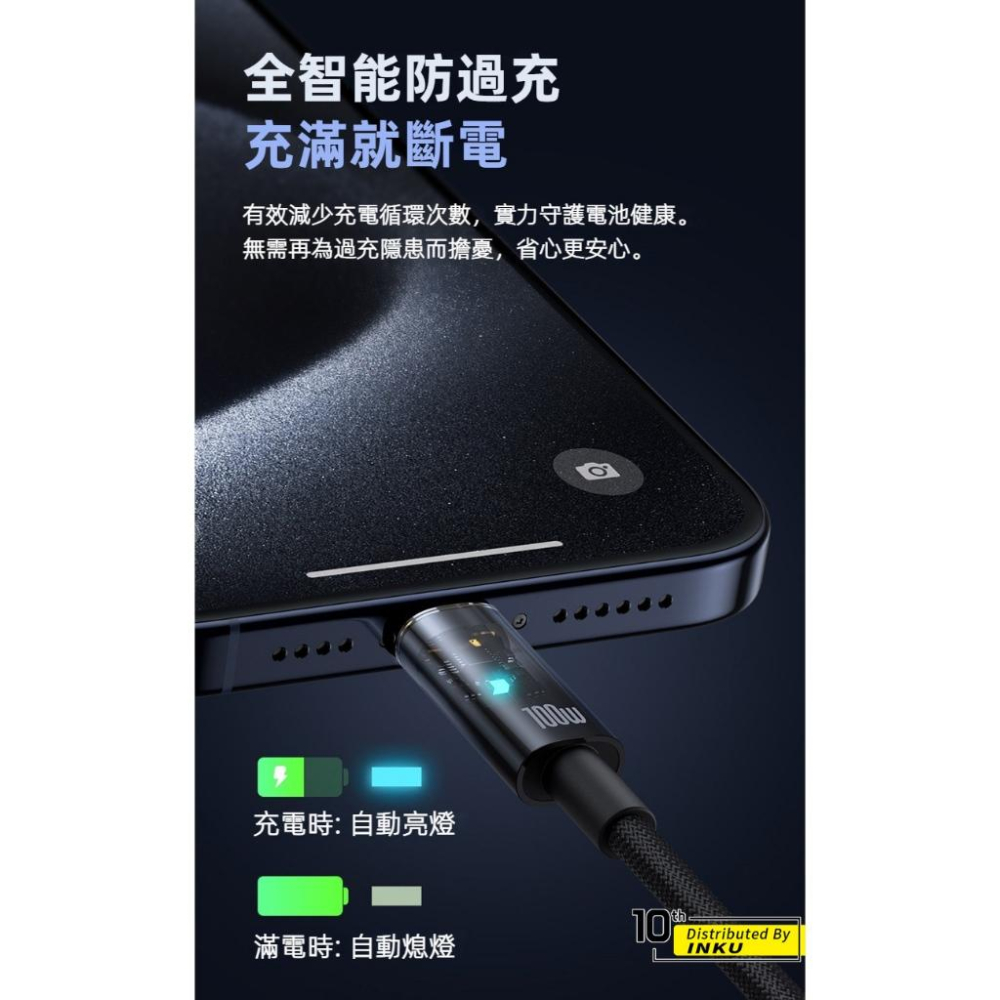 倍思 探索者智能斷電快充線 TypeC to TypeC 100W 導航通話 透明外殼-細節圖4