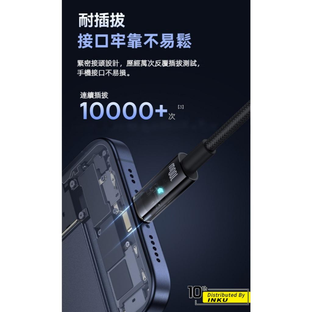 倍思 探索者智能斷電快充線 TypeC to TypeC 100W 導航通話 透明外殼-細節圖7