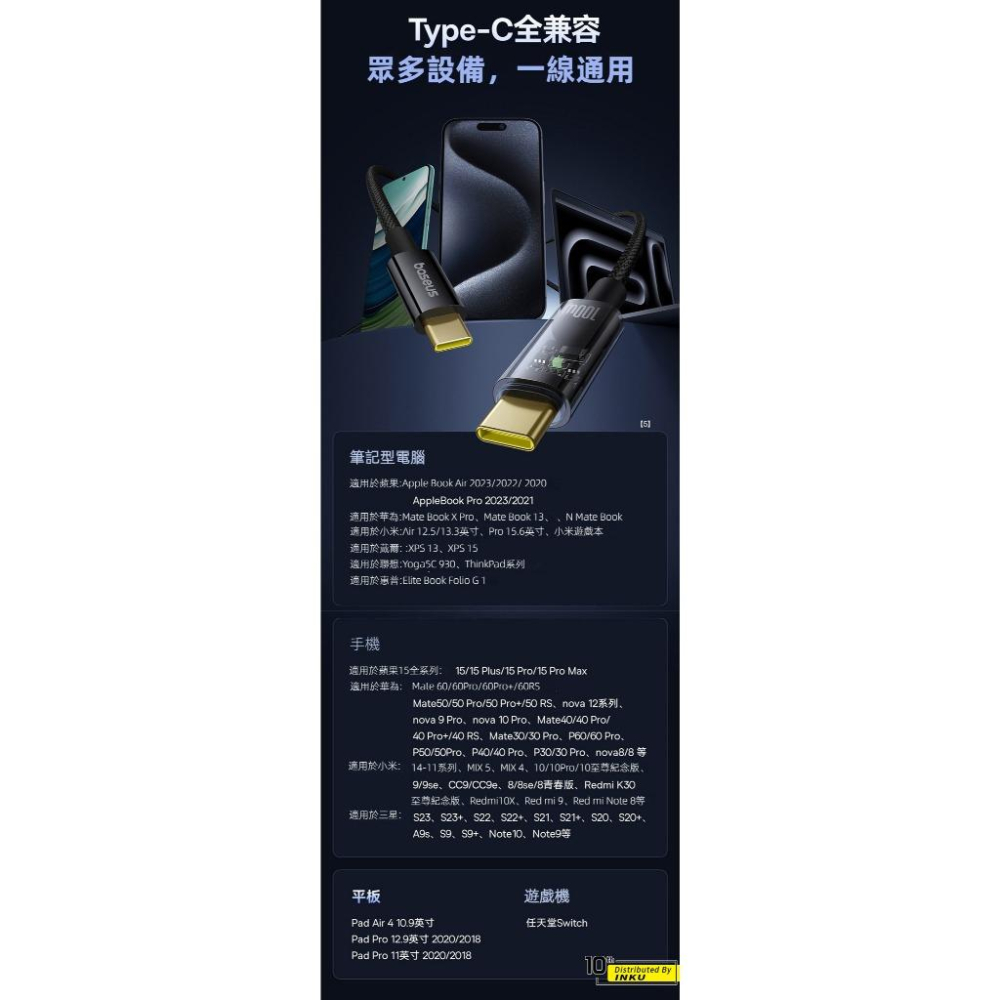 倍思 探索者智能斷電快充線 TypeC to TypeC 100W 導航通話 透明外殼-細節圖8