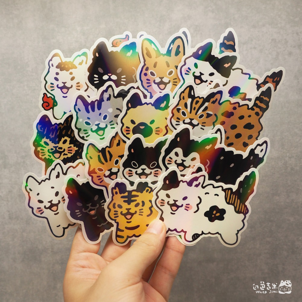 【白色吉米】- 貓貓大炸毛 珠光防水彩虹大貼紙  機車貼紙 行李箱貼紙-規格圖2